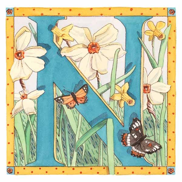 Vintage Card with Botanical Alphabet letter N