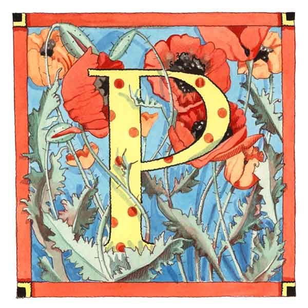 Vintage Card with Botanical Alphabet letter P