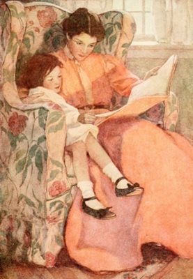 Vintage card 'reading with Mother' detail