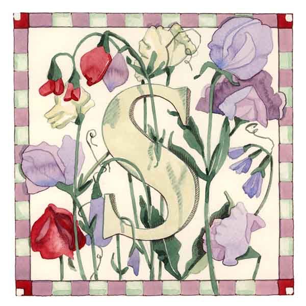 Vintage Card with Botanical Alphabet letter S