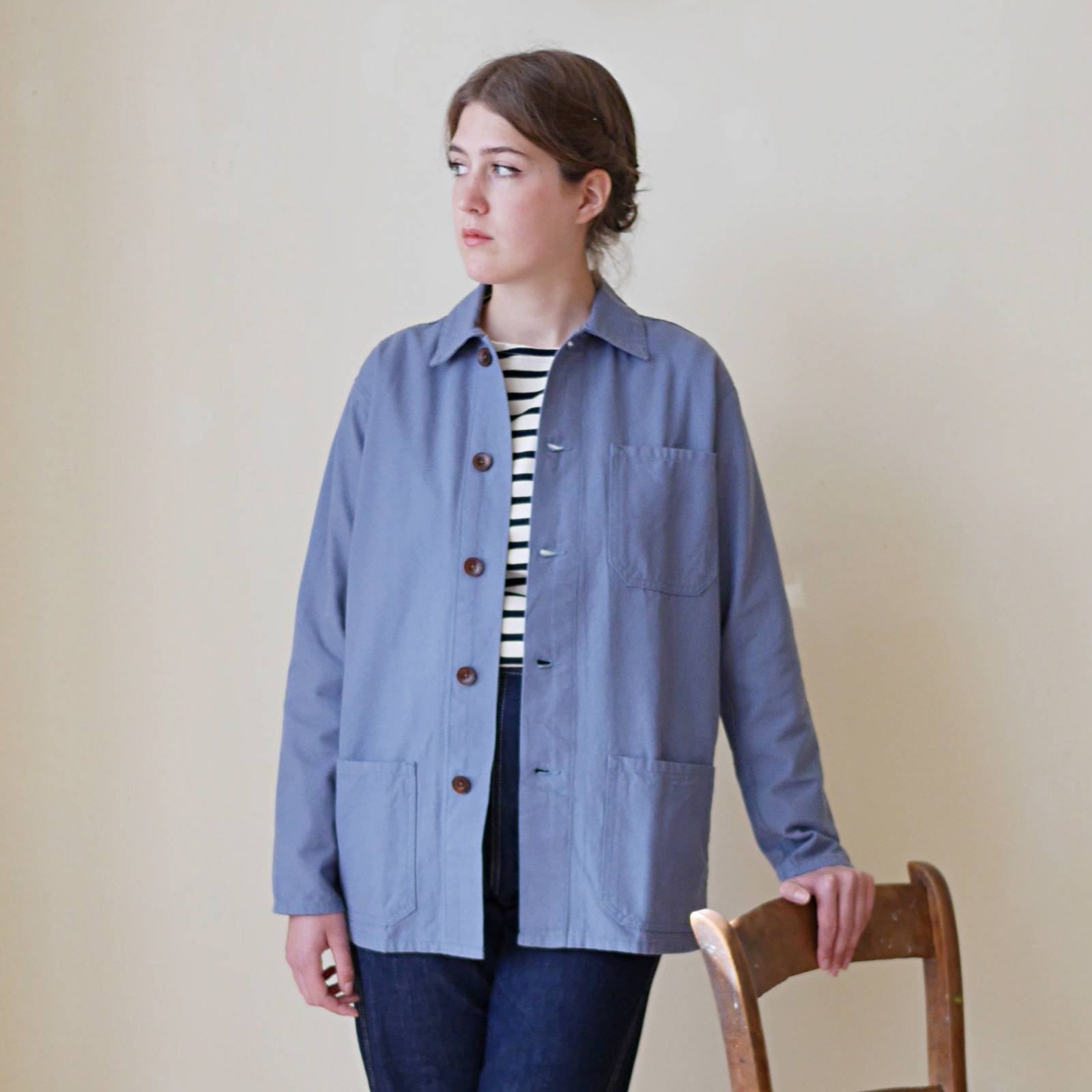 Work jacket, faded blue. Classic French style blue work wear jacket