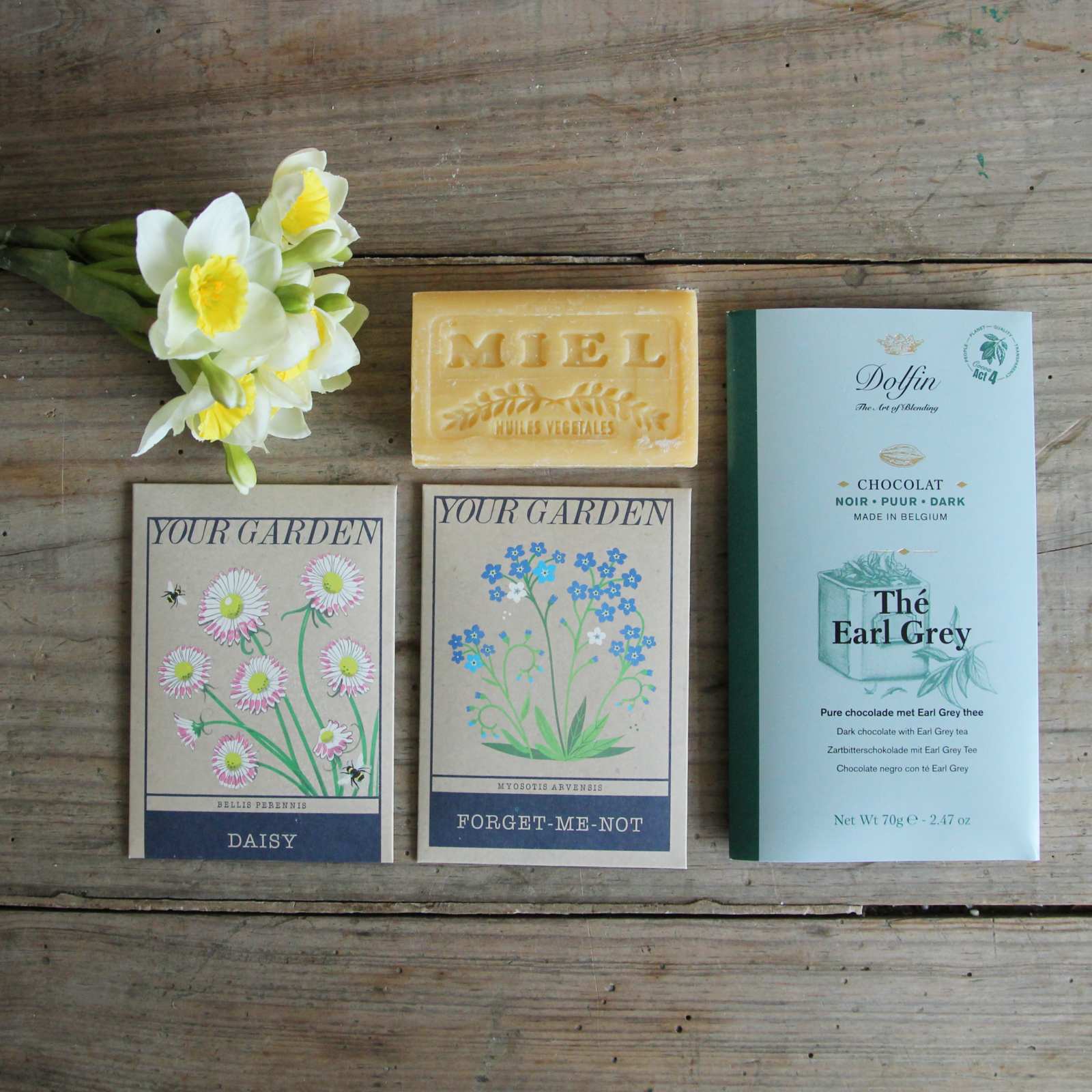 Boxed Gift - Spring Daffodils, chocolate, soap and garden seeds