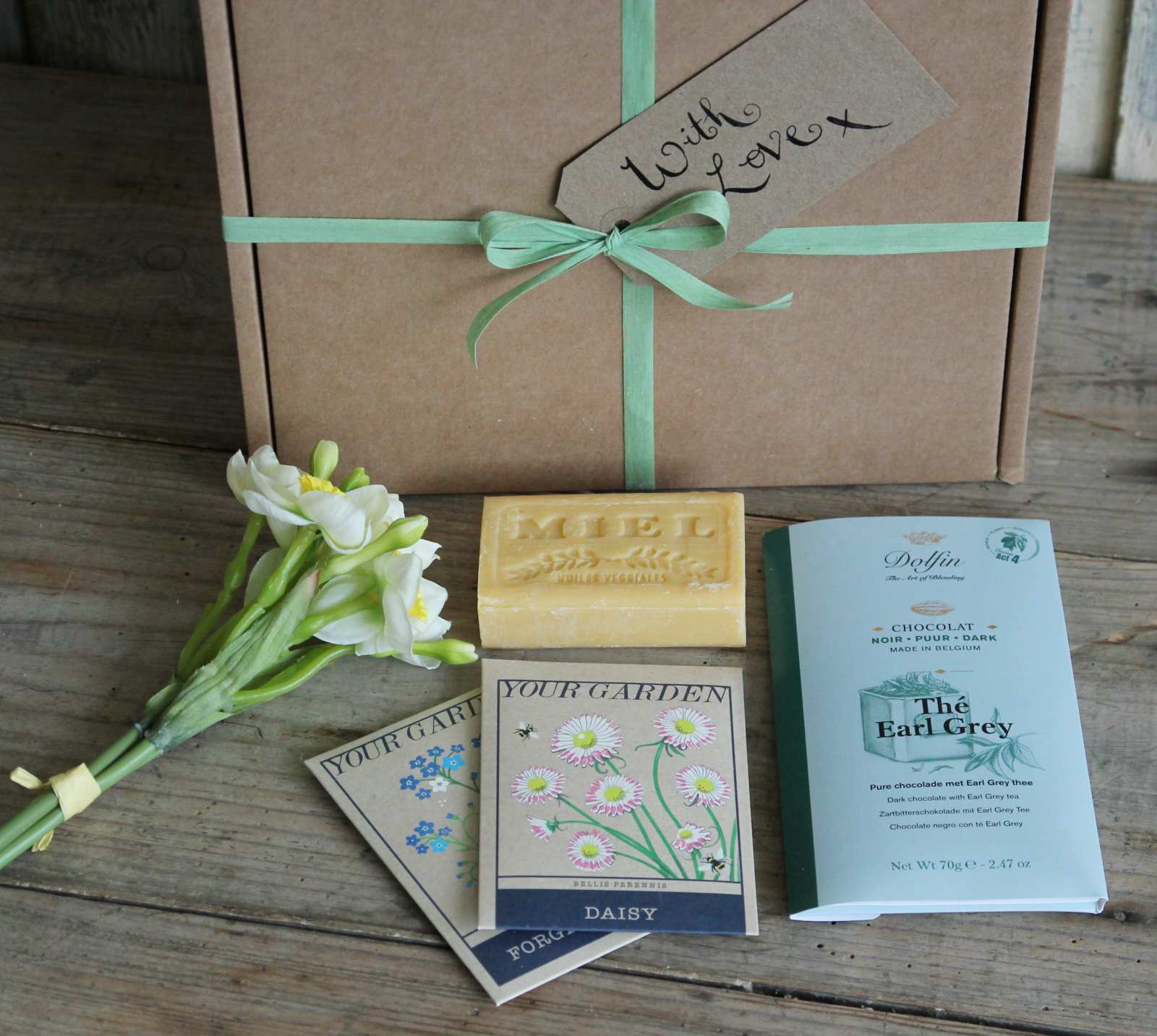 Pre wrapped Boxed Gift - Spring Daffodils, chocolate, soap and garden seeds