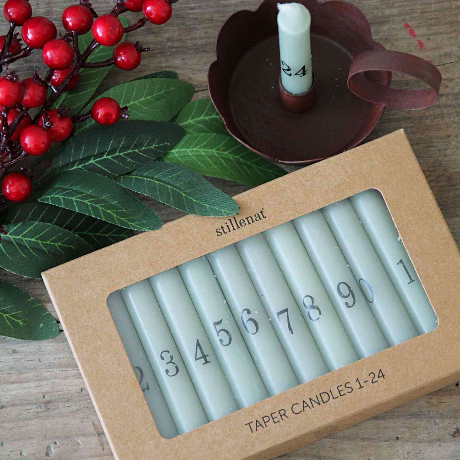 Set of Advent Taper Christmas Candles in Dusty Green, 1-24