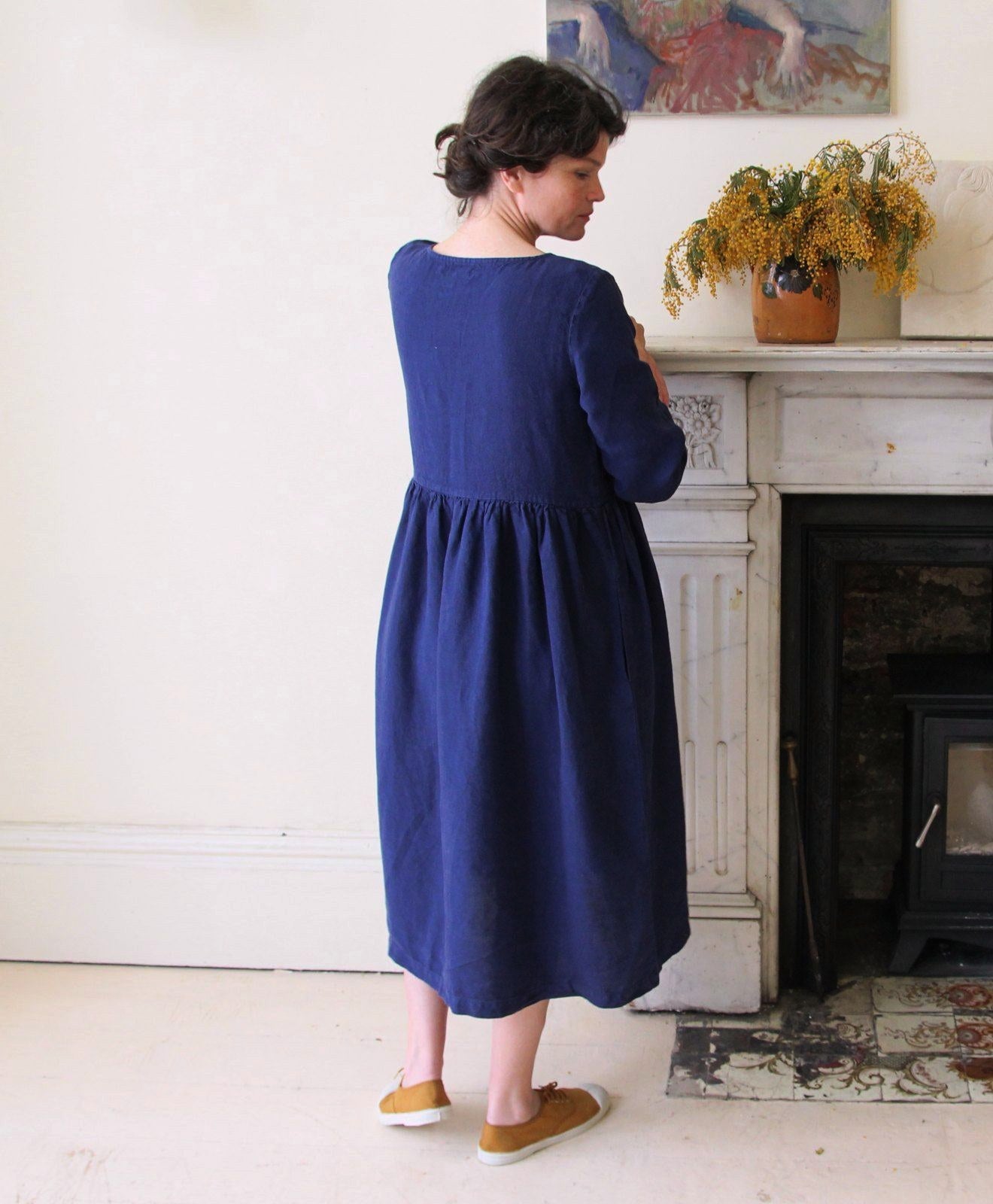 Handmade Linen Smock Dress in Navy midi